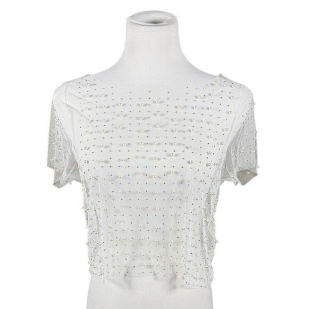Faded Rose White Mesh Faux Pearl Rhinestone Sheer Crop Top Womens Large RN123271